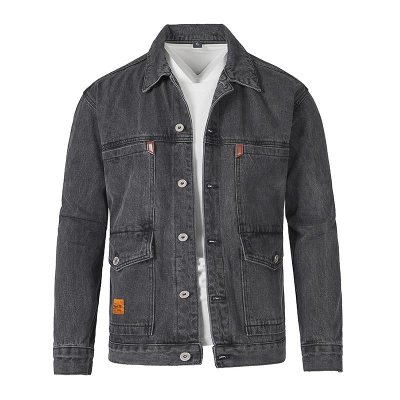 Mens Casual Loose Multi-Pocket Lapel Workwear Denim Jacket 27671140M