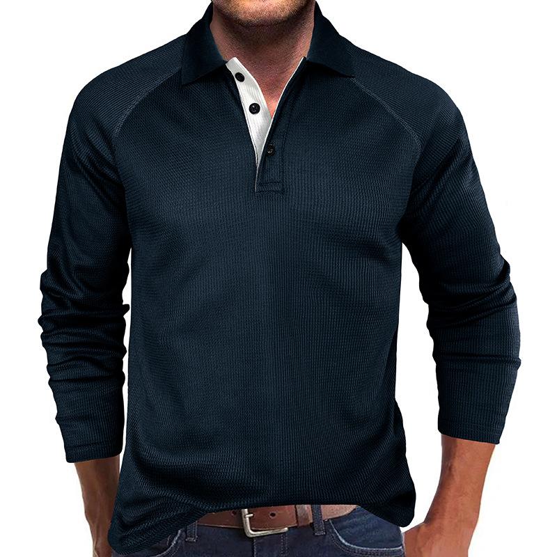 Mens Casual Waffle Solid Color Lapel Long Sleeve POLO Shirt 27886576Y