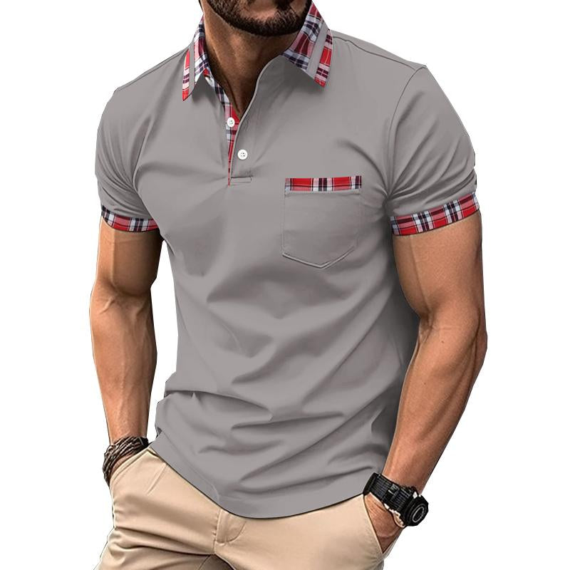 Mens Plaid Panel Button Pocket Henley Collar Sports Polo Shirt 12317871X