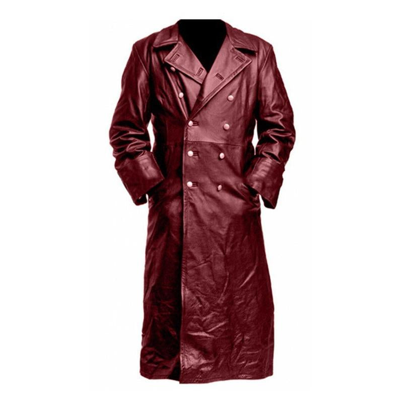 Mens Vintage Leather Lapel Long Coat 18845898X