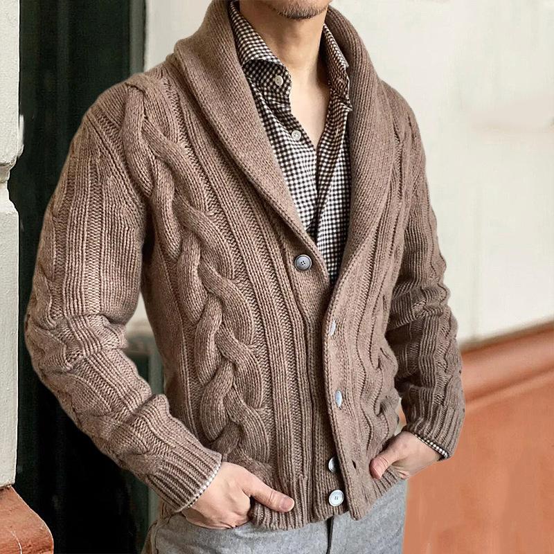 Mens Vintage Lapel Single Breasted Cable Knit Cardigan 99011169Z