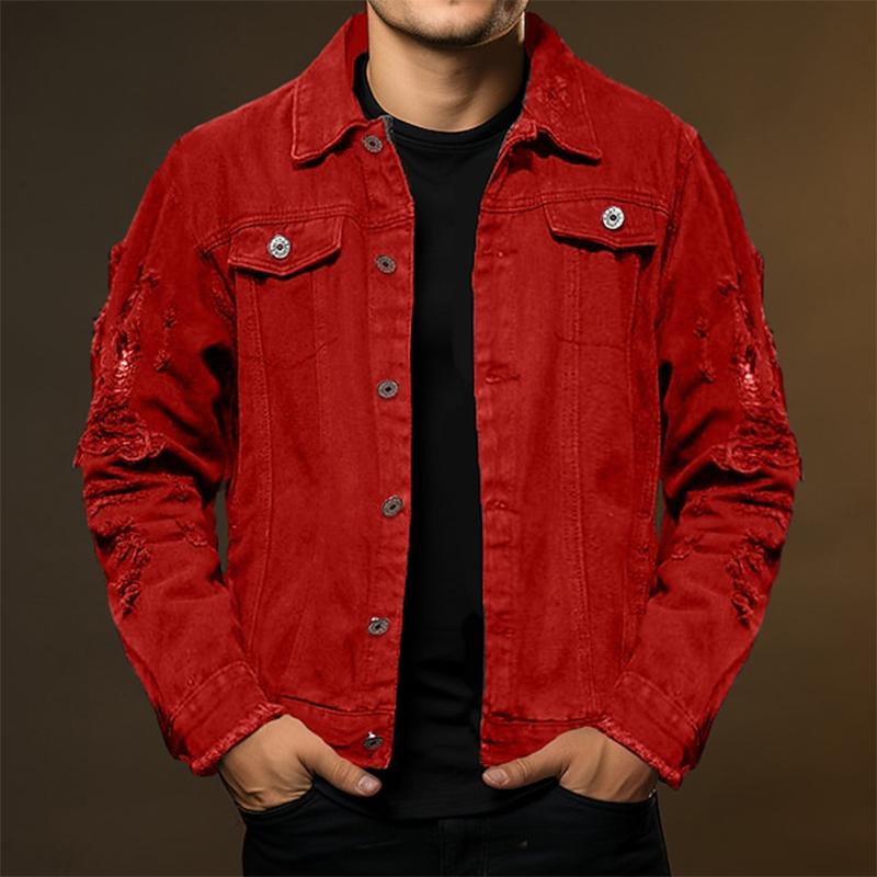 Mens Fashion Solid Color Ripped Loose Lapel Single Breasted Denim Jacket 25794818M