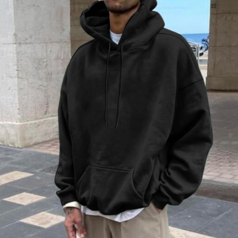 Mens Solid Color Drop Shoulder Loose Fleece Hooded Sweatshirt 26415559X