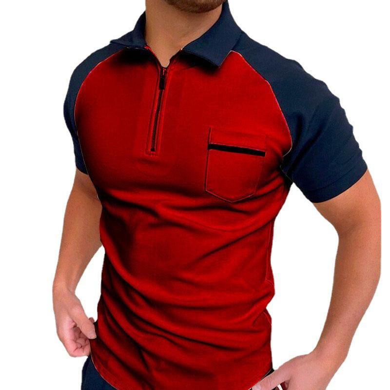 Mens Casual Color Contrasting Lapel Zipper Polo Shirt 52357934M