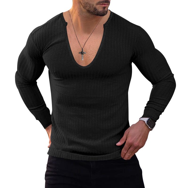 Mens Casual Deep V Neck Solid Color Knit Long Sleeve T-Shirt 86193765Y