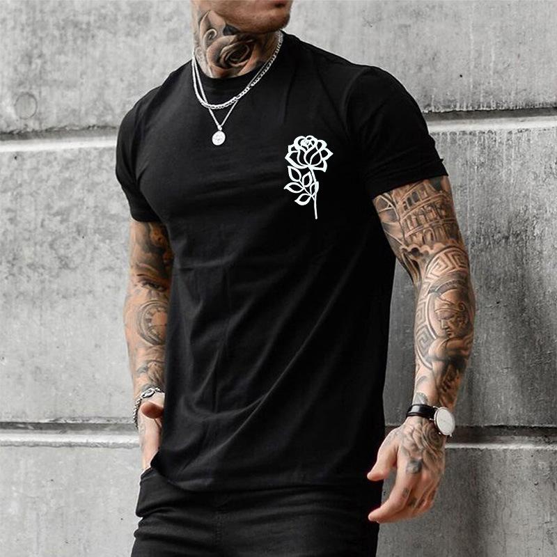 Mens Fashion Rose Print Round Neck Short Sleeve T-shirt 92357773Z