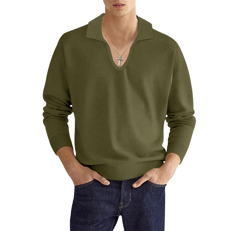 Mens Solid Color Breathable Lapel Long Sleeve Polo Shirt 65340333X