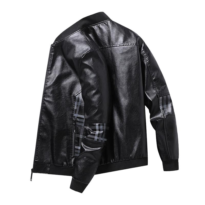 Mens Casual Stand Collar Plaid Stitching Loose Leather Jacket 92565825M