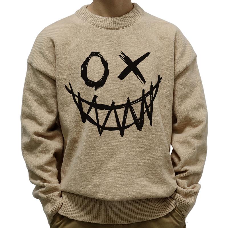 Mens Casual Round Neck Funny Smiley Print Long Sleeve Pullover Sweater 54982270M