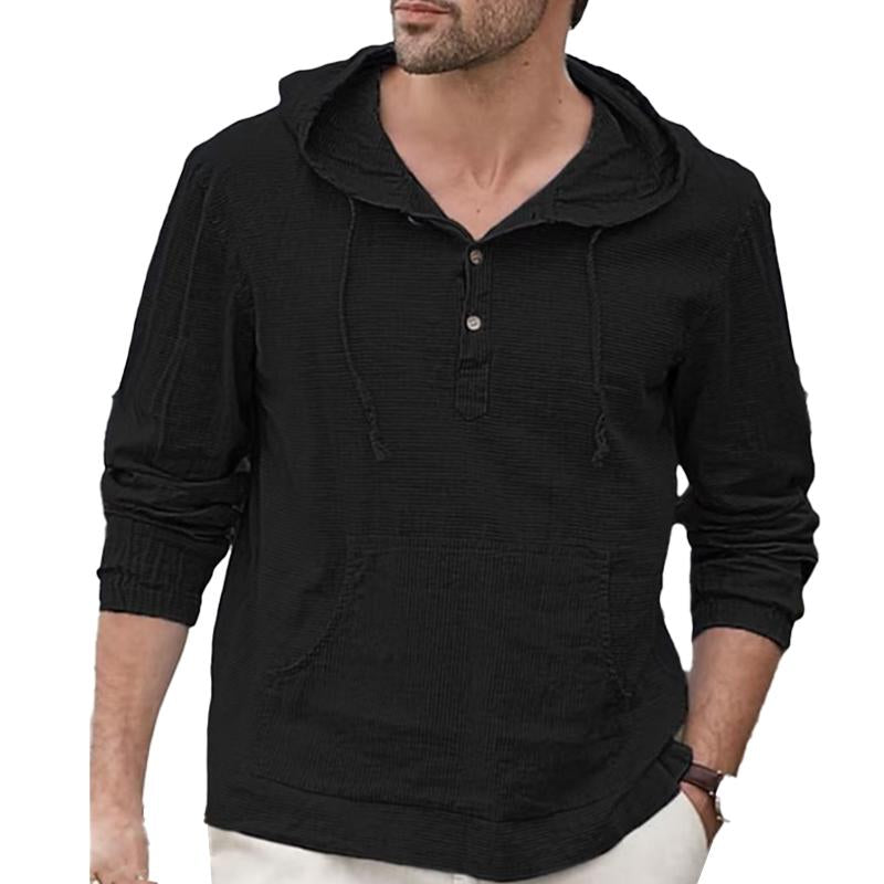 Mens Solid Color Loose Cotton Blend Casual Hooded Long Sleeve Pullover Shirt 85520141X