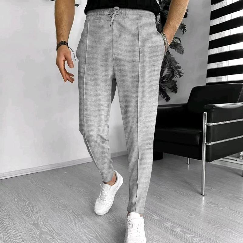 Mens Solid Waffle Elastic Waist Slim Casual Trousers 33746822Z