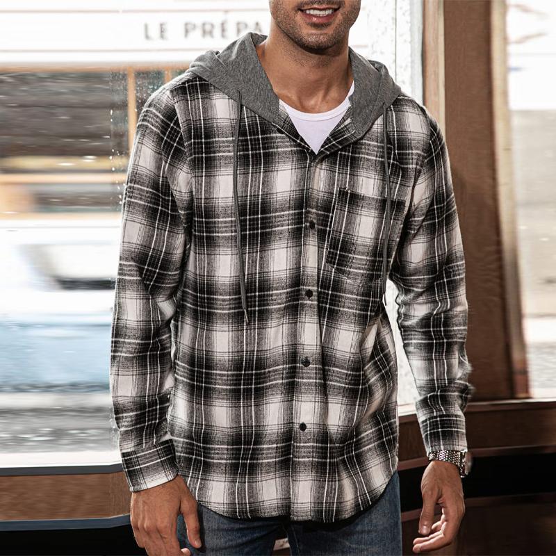 Mens Casual Flannel Plaid Hooded Long Sleeve Shirt 59505651Y