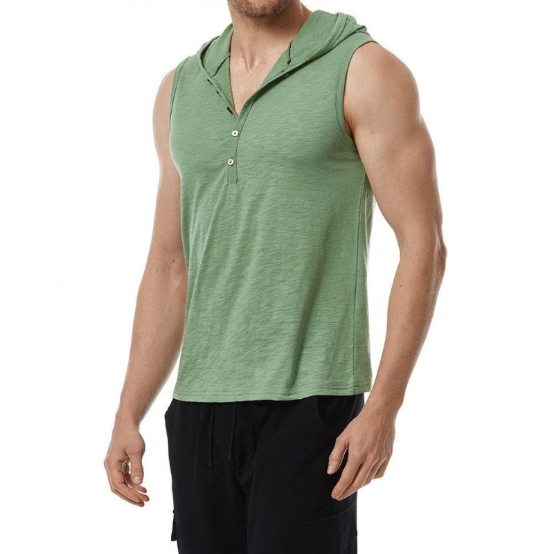 Mens Casual Solid Color V Neck Hooded Sleeveless Tank Top 03939558M