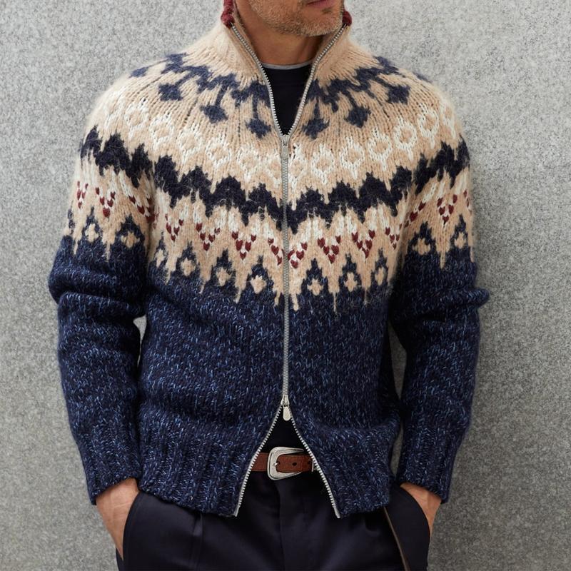 Mens Vintage Fair Isle Jacquard Stand Collar Zip Knit Cardigan 63253847M