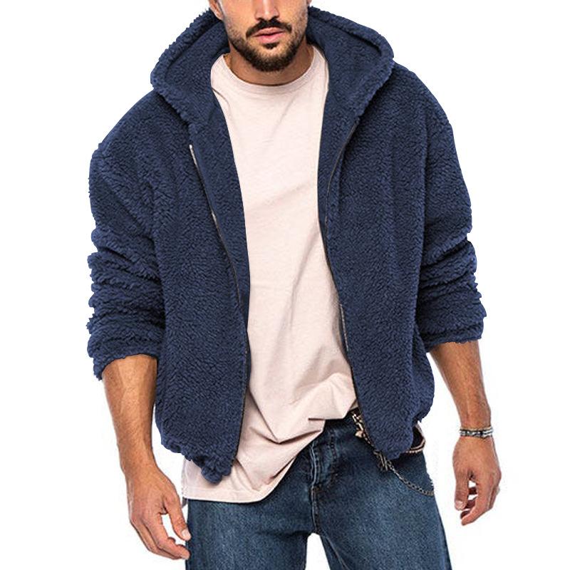 Mens Casual Fleece Warm Hooded Solid Color Long Sleeve Jacket 31885749M