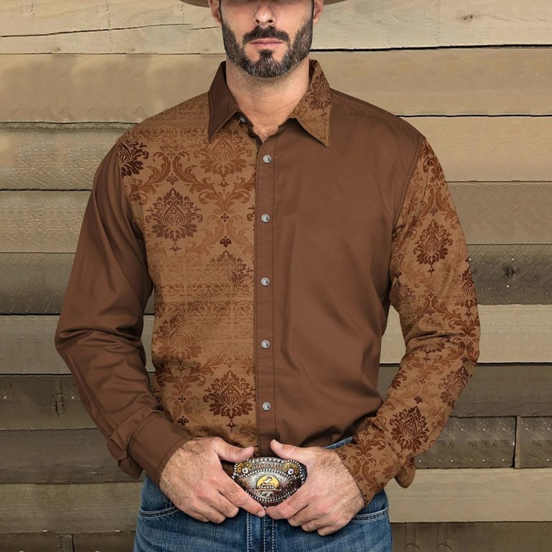 Mens Western Denim Print Lapel Long Sleeve Shirt 35190529X