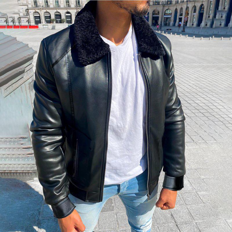 Mens solid color thickened motorcycle lapel PU leather jacket 58180159X