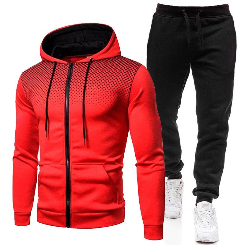 Mens Casual Polka Dot Print Hooded Zipper Jacket Sweatpants Sports Set 30606823M