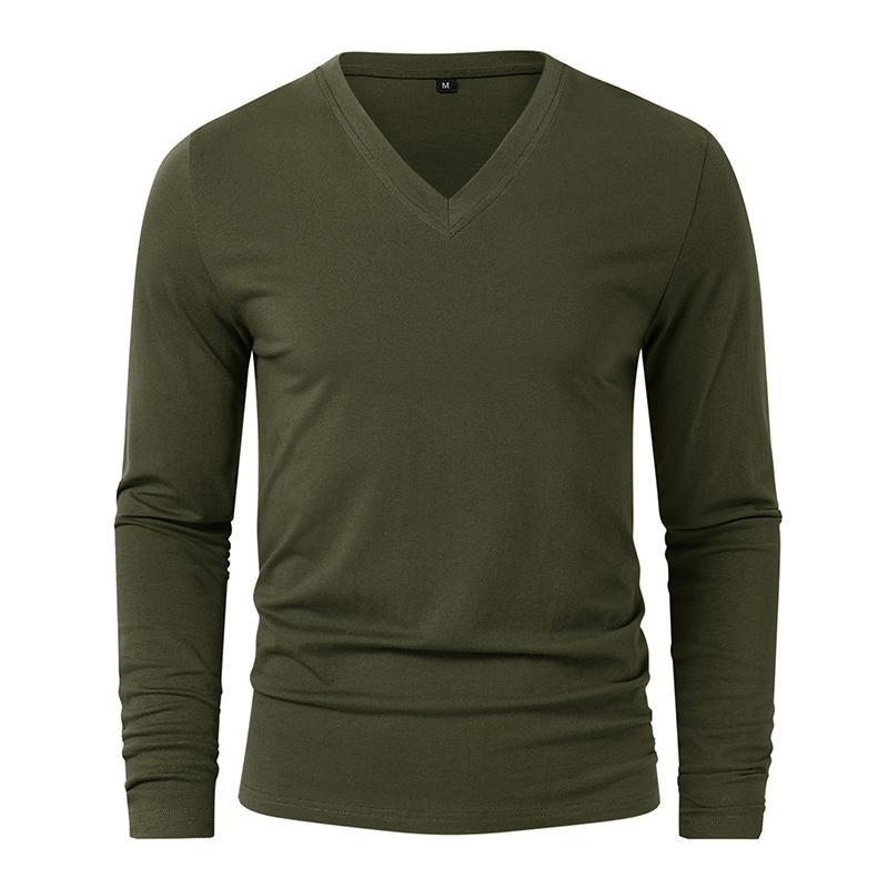 Mens Casual Solid Color V-Neck Long Sleeve T-Shirt 80509303M