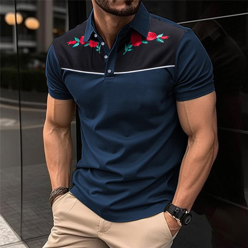 Mens Vintage Rose Embroidery Stitching Breathable Lapel Short Sleeve POLO Shirt 98245795Y