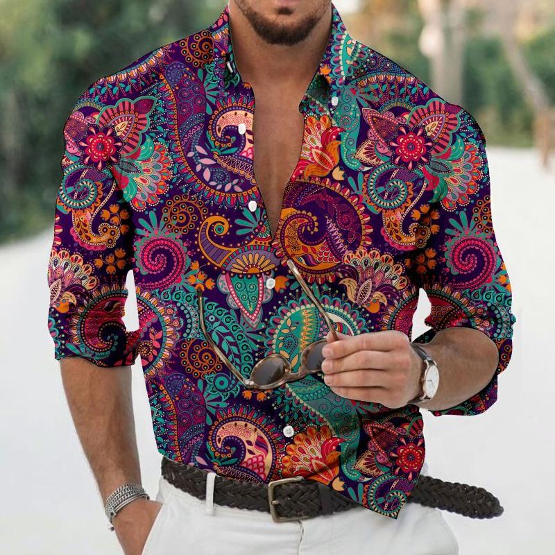 Mens Vintage Paisley Print Lapel Long Sleeve Shirt 98895959X