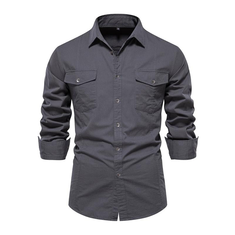 Mens Casual Solid Color Cotton Slim Lapel Long Sleeve Shirt 93396803M