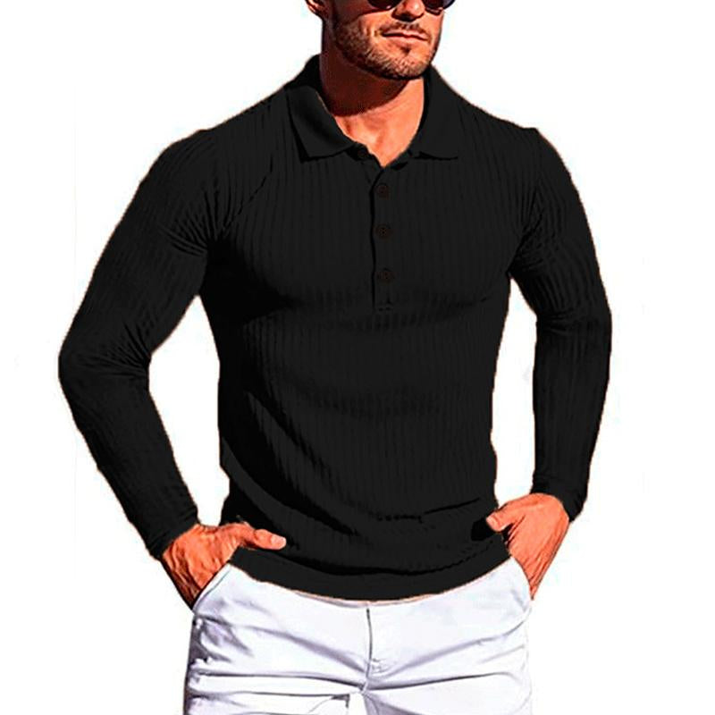 Mens High Elastic Vertical Striped Long-sleeved Slim-fit Knitted POLO Bottoming Shirt 88235560X