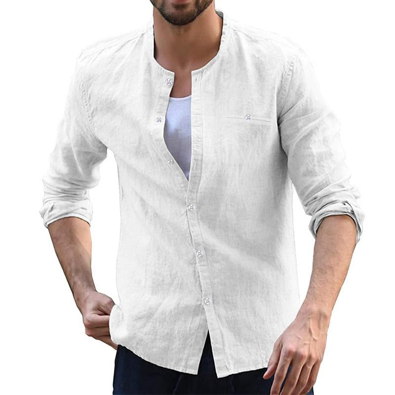 Mens Casual Solid Color Collarless Breast Pocket Long Sleeve Shirt 28949828Y