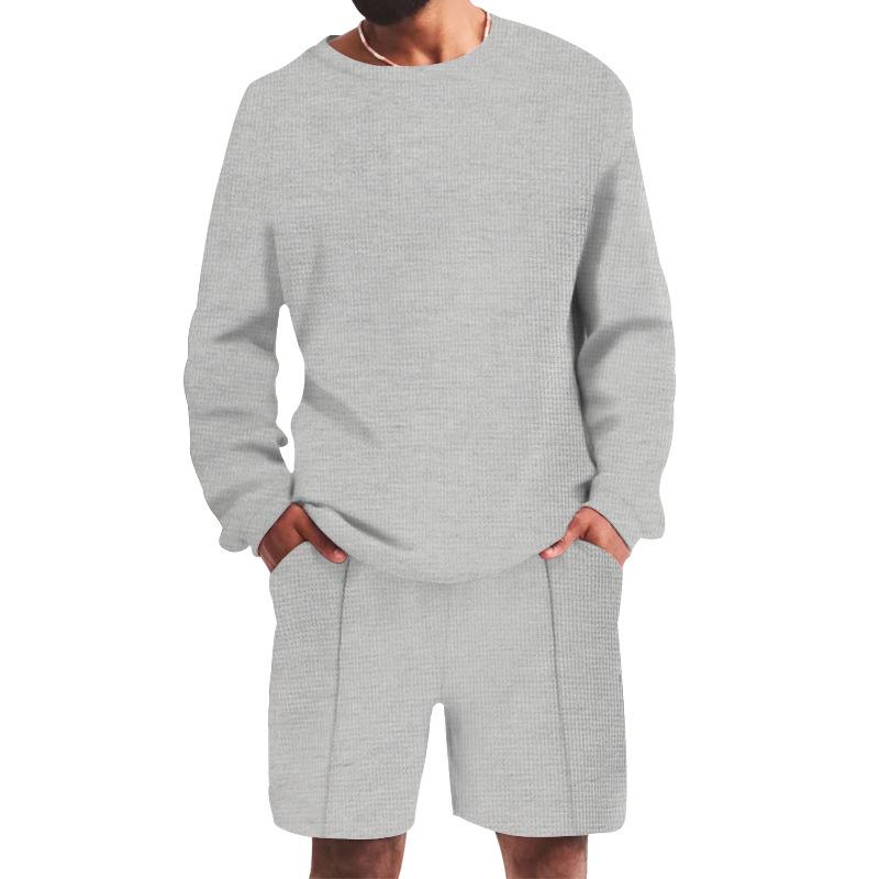 Mens Casual Sports Solid Color Waffle Round Neck Long Sleeve Hoodie Shorts Set 91439062M