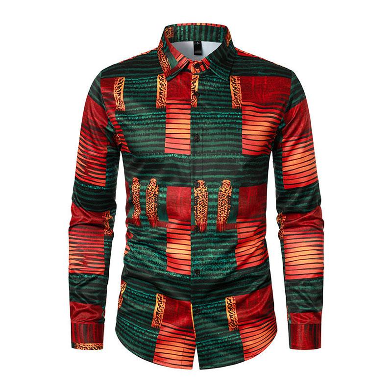 Mens Vintage African Print Lapel Long Sleeve Shirt 82083589M