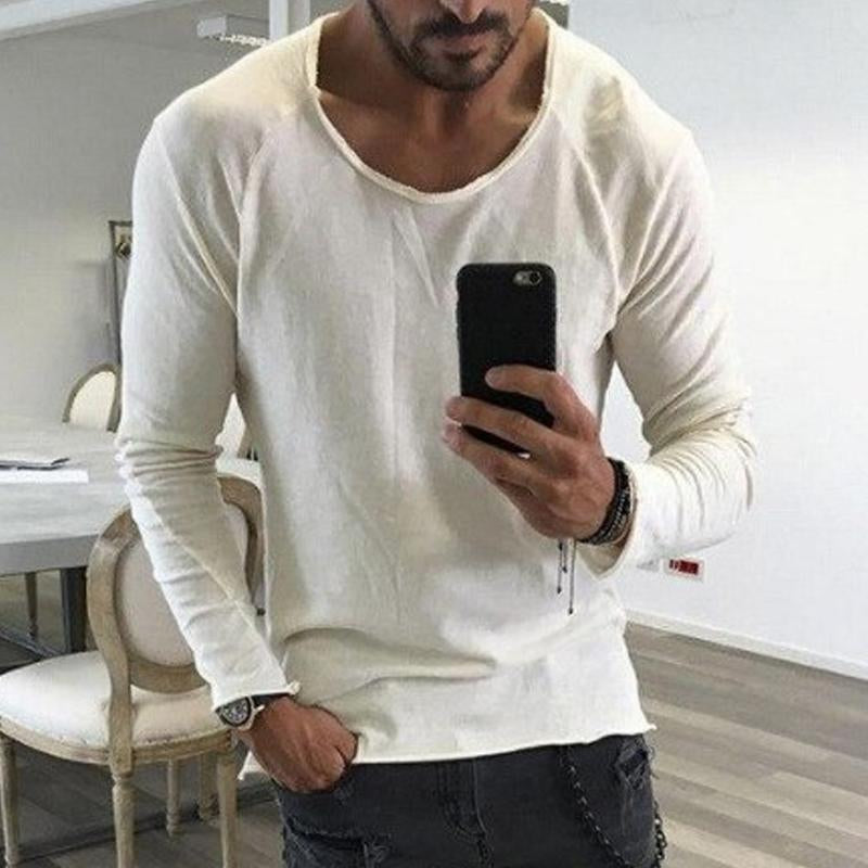 Mens Casual Solid Color Long Sleeve Round Neck T-Shirt 35560804Y