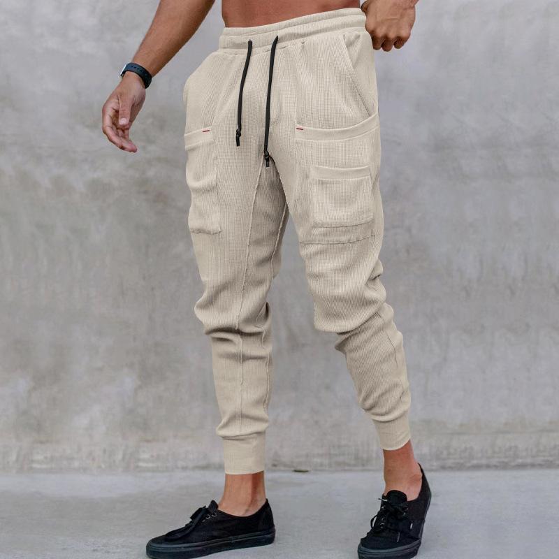 Mens Solid Elastic Waist Multi-pocket Casual Sweatpants 56855031Z