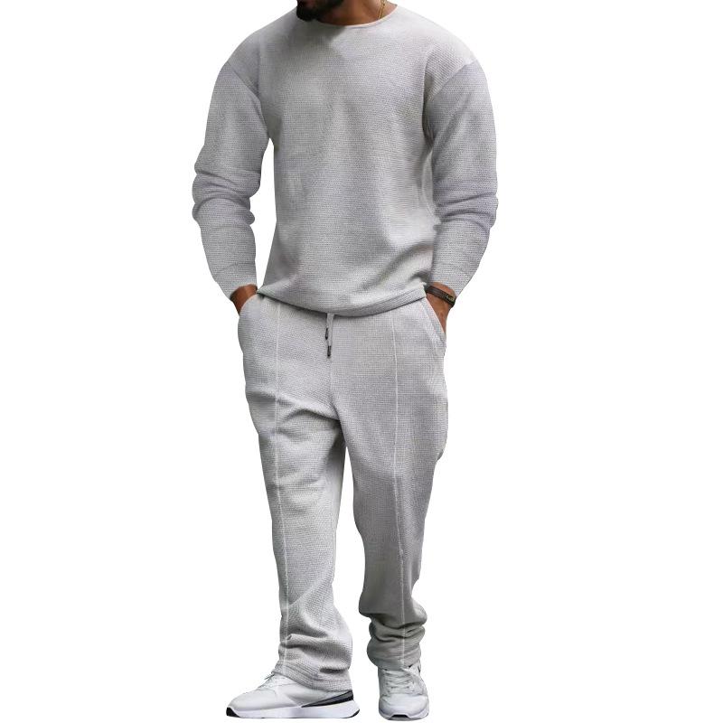 Mens Solid Color Round Neck Long-sleeved T-shirt and Trousers Casual Sports Two-piece Set 43979725X