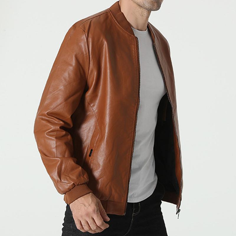 Mens Casual Solid Color Simple Baseball Collar Leather Jacket 75180694M