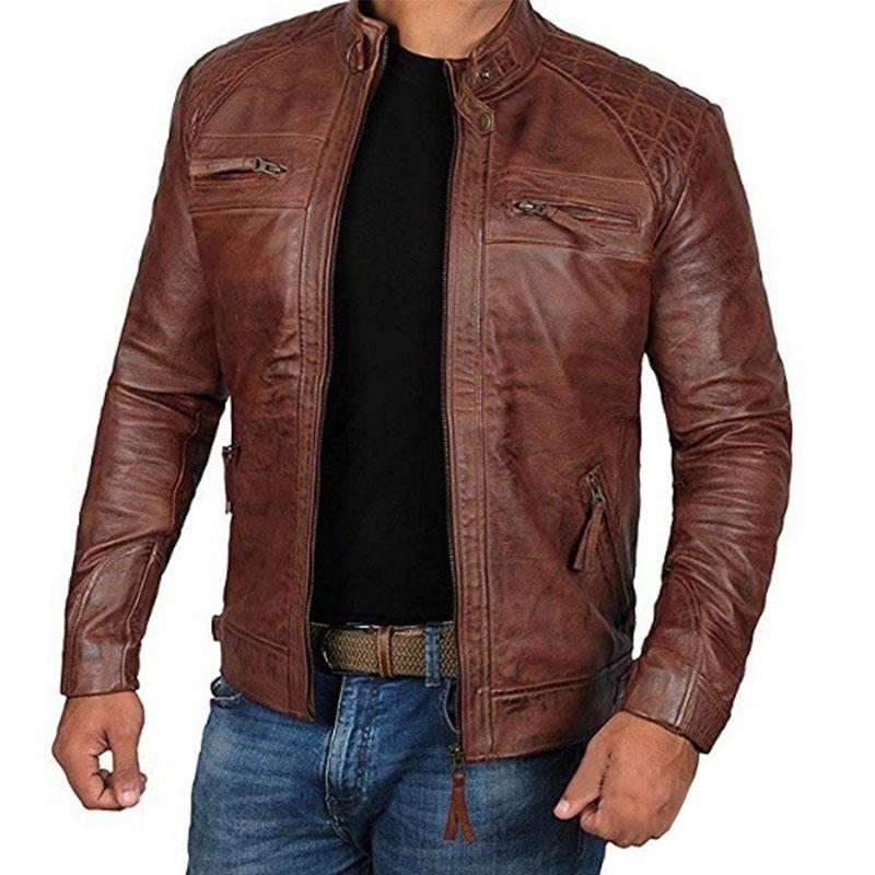 Mens Vintage Distressed Stand Collar Zip Motorcycle Leather Jacket 90149695M