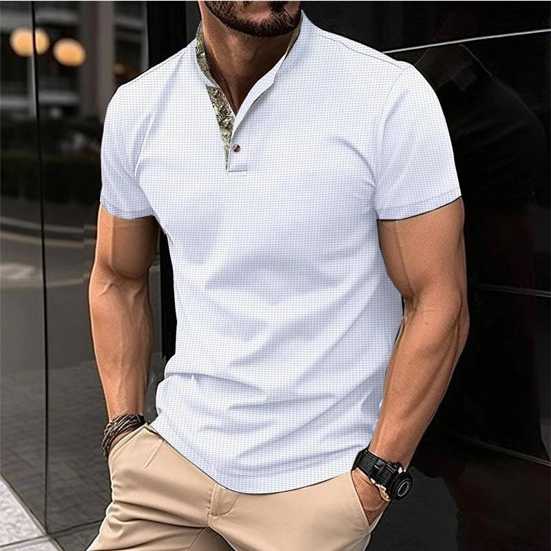 Mens Solid Color Waffle Stand Collar Short Sleeve POLO Shirt 29674838X