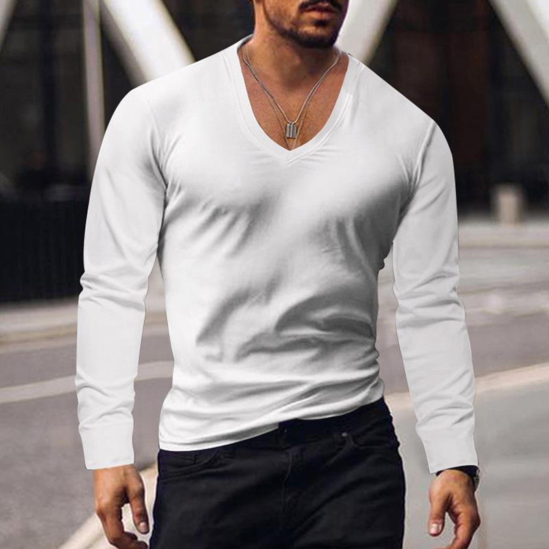 Mens Casual Solid Color V-neck Long-sleeved T-shirt 08047321X