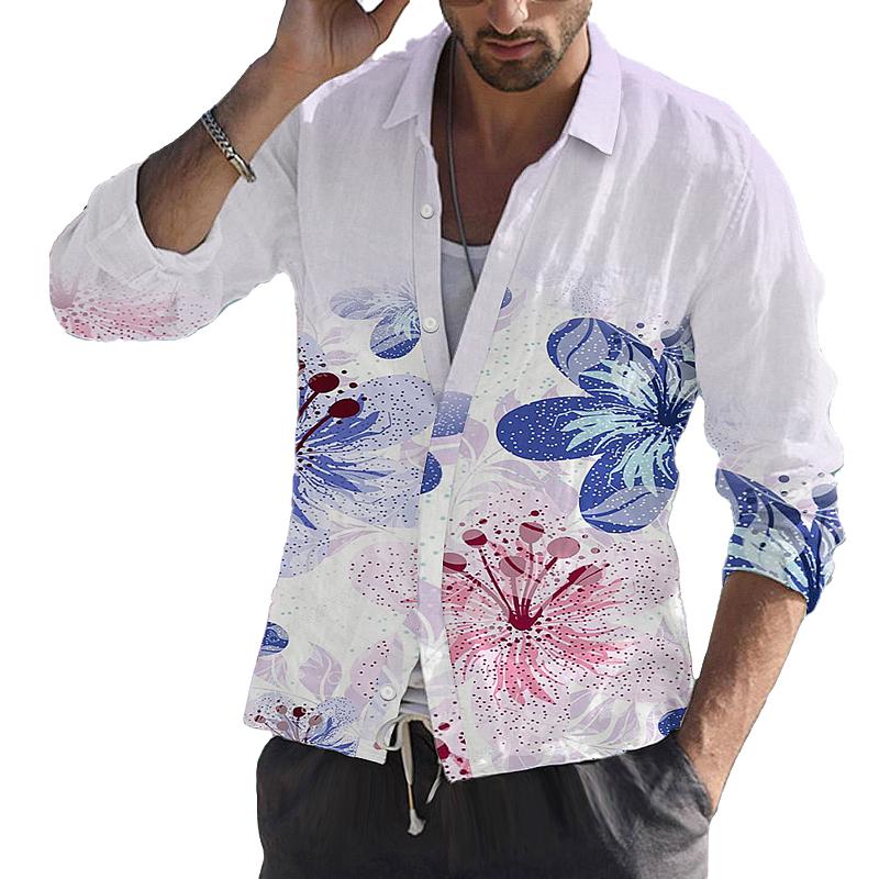 Mens Casual Floral Print Long Sleeve Lapel Shirt 74100382X