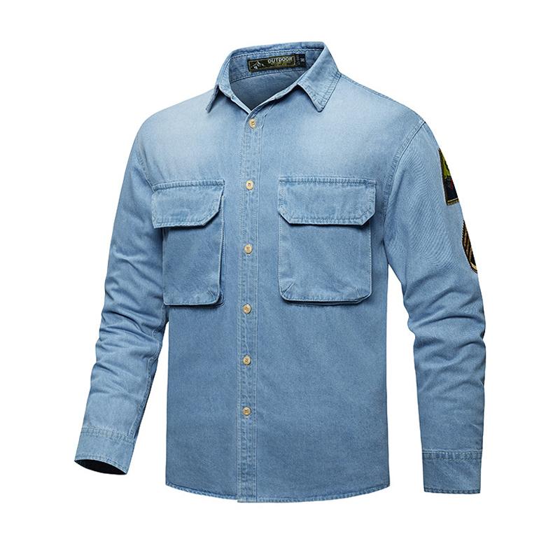 Mens Retro Solid Color Double Breast Pockets Denim Long Sleeve Shirt 63397050Y