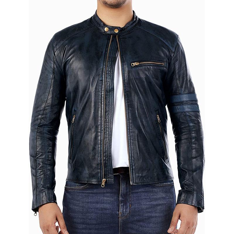 Mens Vintage Distressed Stand Collar Contrast Stitching Leather Jacket 22822210M