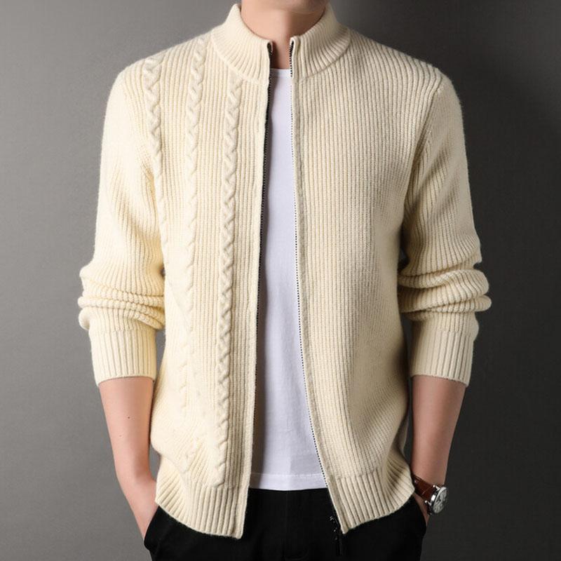 Mens Casual Stand Collar Cable Zipper Long Sleeve Knitted Cardigan 12911469M