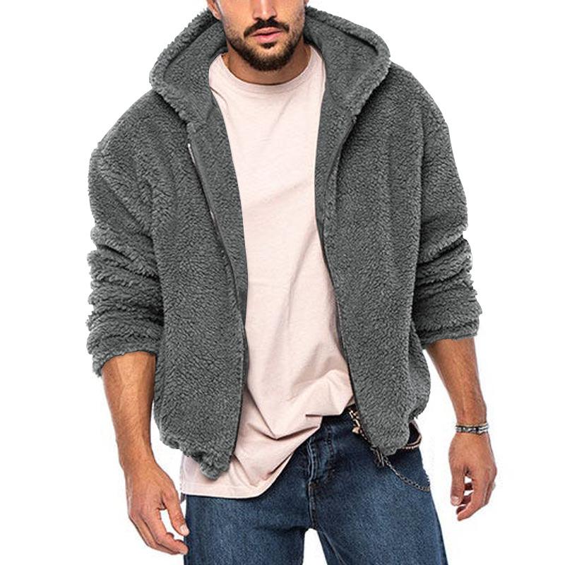 Mens Casual Fleece Warm Hooded Solid Color Long Sleeve Jacket 31885749M