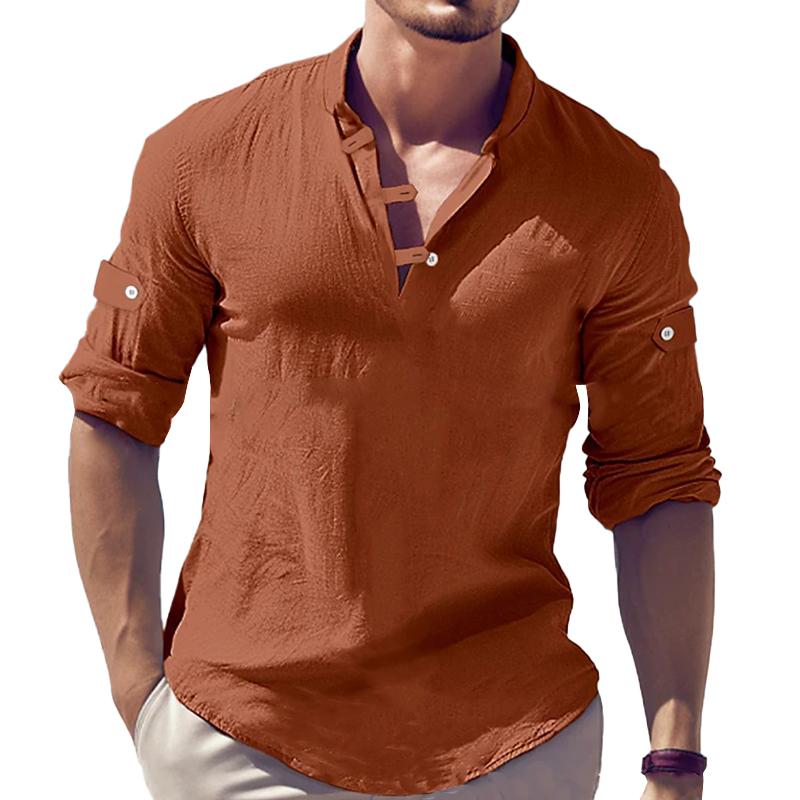 Mens Casual Solid Color Henley Collar Long Sleeve Shirt 81357283M