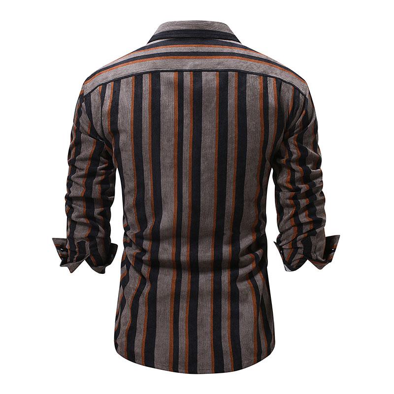 Mens Casual Corduroy Contrast Stripe Print Lapel Long Sleeve Shirt 80899602M