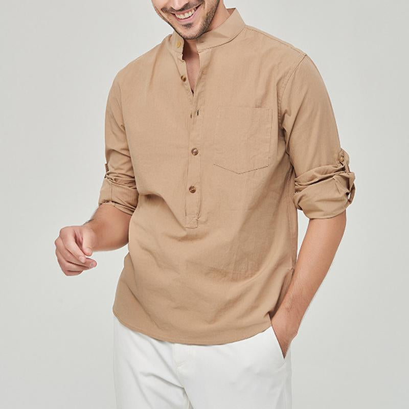 Mens Casual Solid Color Breast Pocket Henley Collar Long Sleeve Shirt 80324521Y