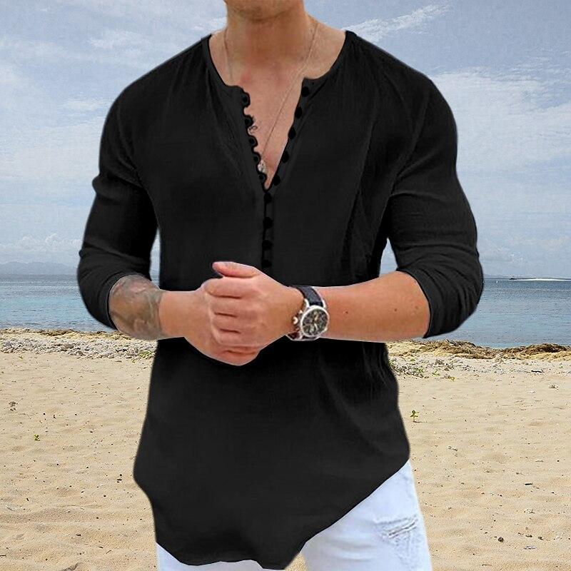 Mens Casual Solid Color V Neck Henley Neck Long Sleeve Shirt 13610037Y