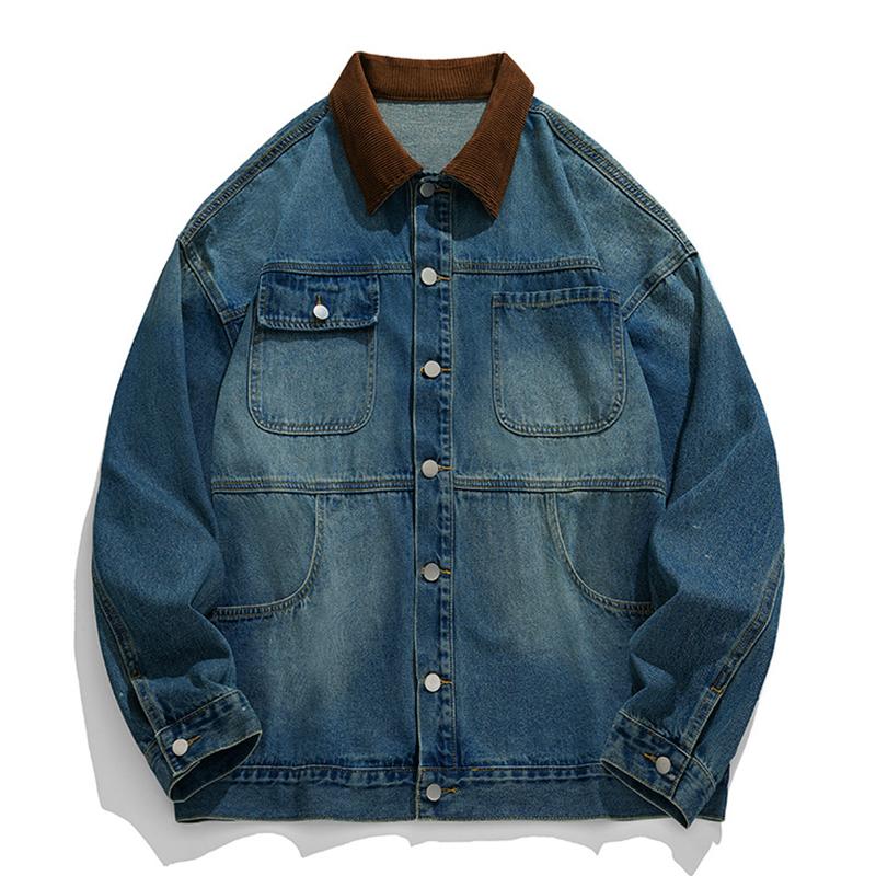 Mens Vintage Distressed Loose Corduroy Stitching Lapel Multi Pocket Denim Jacket 10790828M