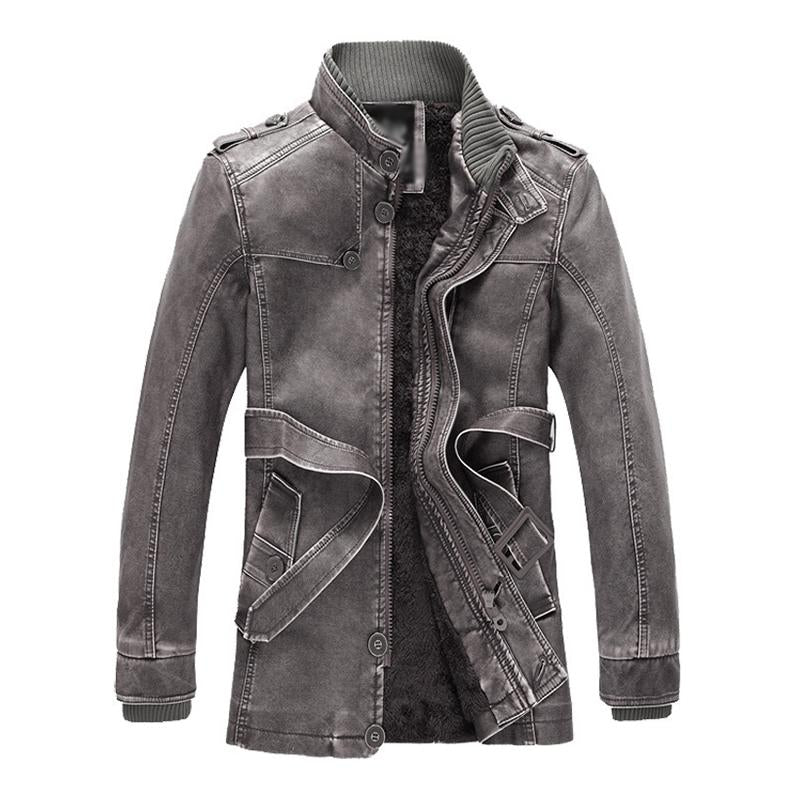 Mens Vintage Washed Stand-Collar Fleece Lining Mid-Length Motorcycle Leather Coat 94824117M