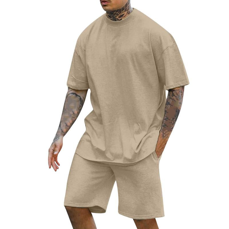 Mens Solid Color Round Neck Short Sleeve Shorts Two-Piece Set 30633508X