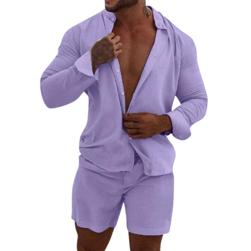 Mens Casual Solid Color Cotton Stand Collar Long Sleeve Shirt Shorts Set 78465155Y